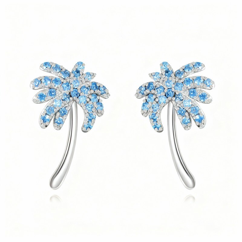Pendientes de oro blanco de 10 quilates con circonitas cúbicas y forma de palmera-1