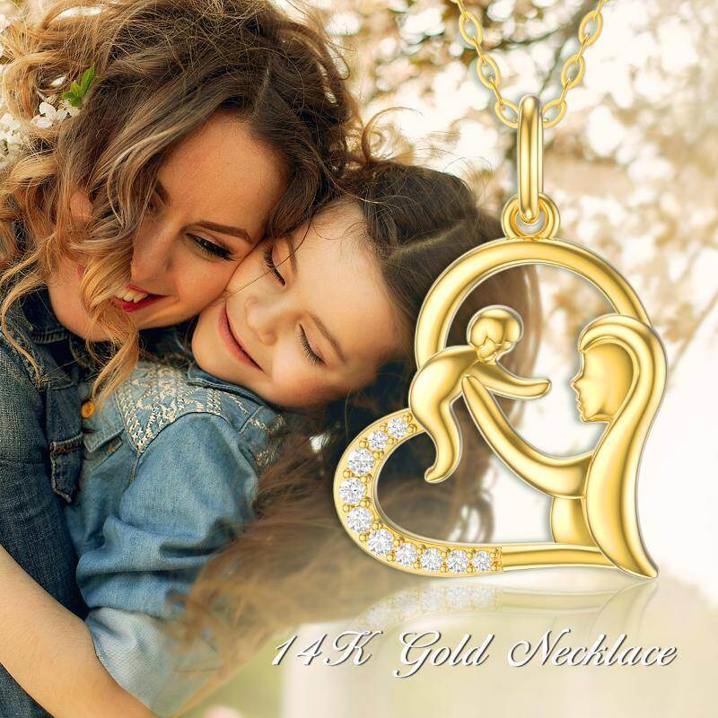 18K Gold Cubic Zirconia Mother & Baby Heart Pendant Necklace-3