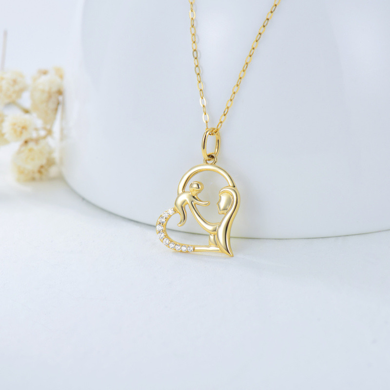 18K Gold Cubic Zirconia Mother & Baby Heart Pendant Necklace-4