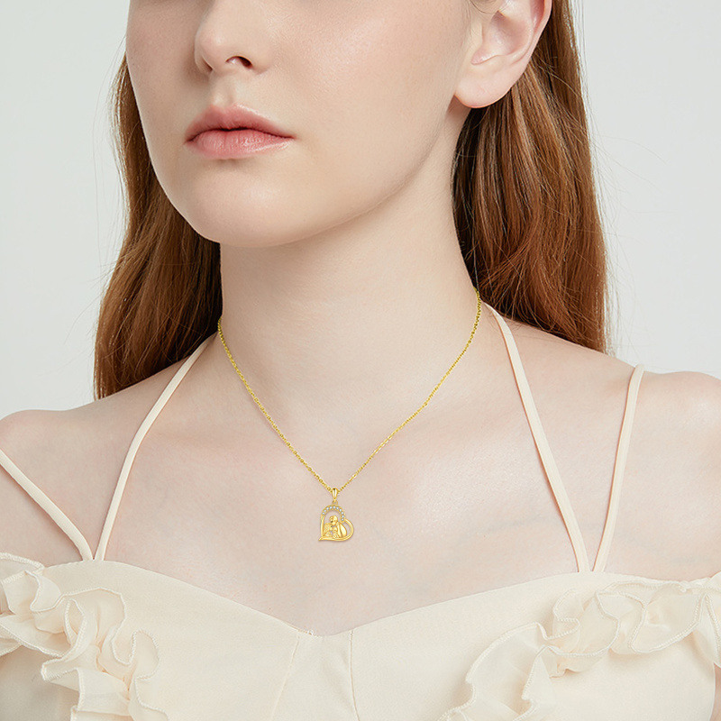 Collar con colgante de corazón de oro amarillo de 14 quilates con circonitas cúbicas, diseño de padres con hijos, para mujer-2