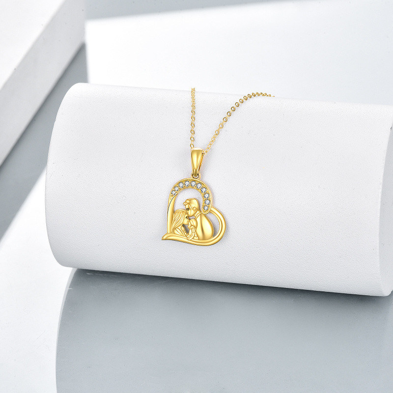 Collar con colgante de corazón de oro amarillo de 14 quilates con circonitas cúbicas, diseño de padres con hijos, para mujer-3