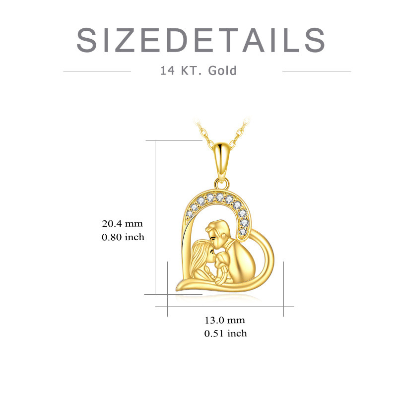 Collar con colgante de corazón de oro amarillo de 14 quilates con circonitas cúbicas, diseño de padres con hijos, para mujer-4