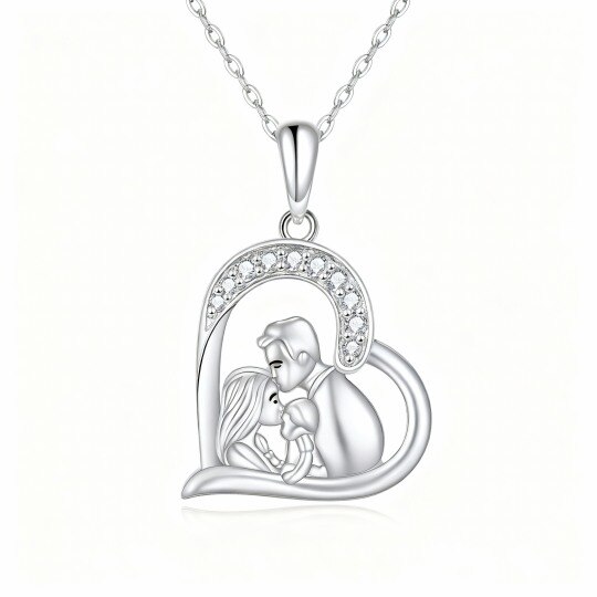 10K White Gold Cubic Zirconia Parents & Children & Heart Pendant Necklace