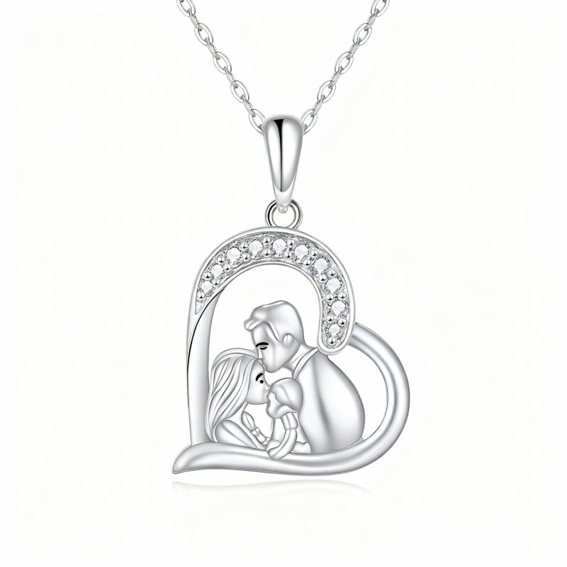 Collier pendentif en or blanc 10 carats avec zircon cubique, représentant un cœur et symbolisant les parents et les enfants-5