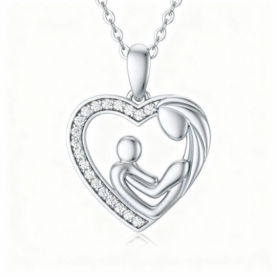 10K White Gold Cubic Zirconia Parents & Children & Heart Pendant Necklace