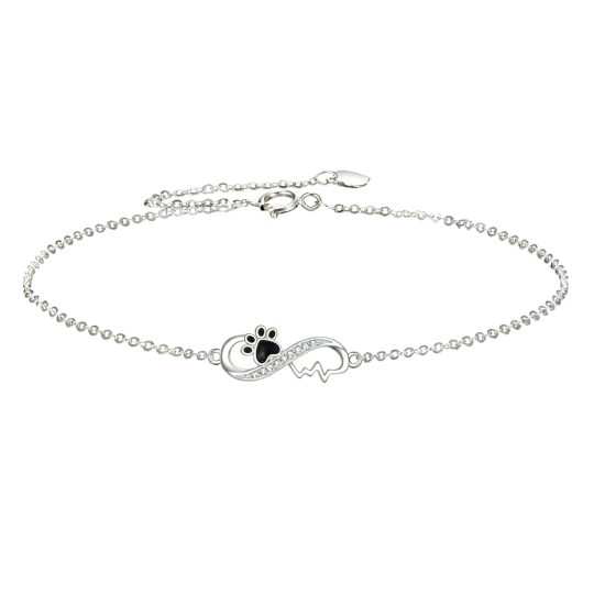 10K White Gold Cubic Zirconia Paw & Electrocardiogram & Infinity Symbol Charm Bracelet