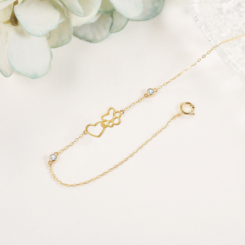 10K Gold Cubic Zirconia Paw & Heart Charm Bracelet-3