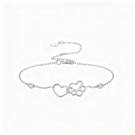 Bracelet à breloques en or blanc 10 carats avec zircon cubique en forme de patte et de cœur