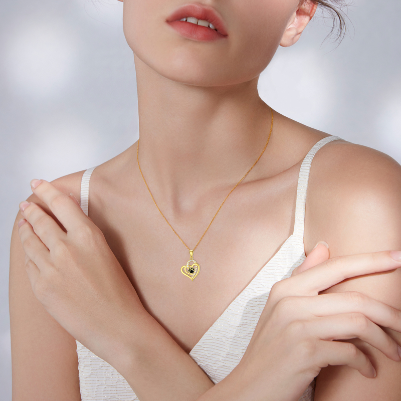 Collar de oro de 10 quilates con circonitas cúbicas, pata y corazón para mujer-2