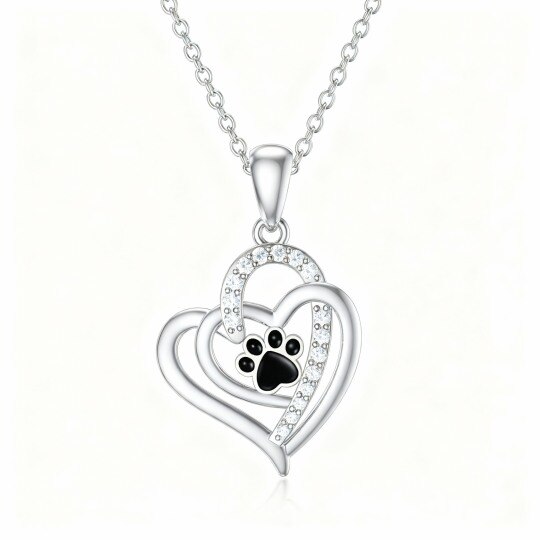 10K White Gold Cubic Zirconia Paw & Heart With Heart Pendant Necklace