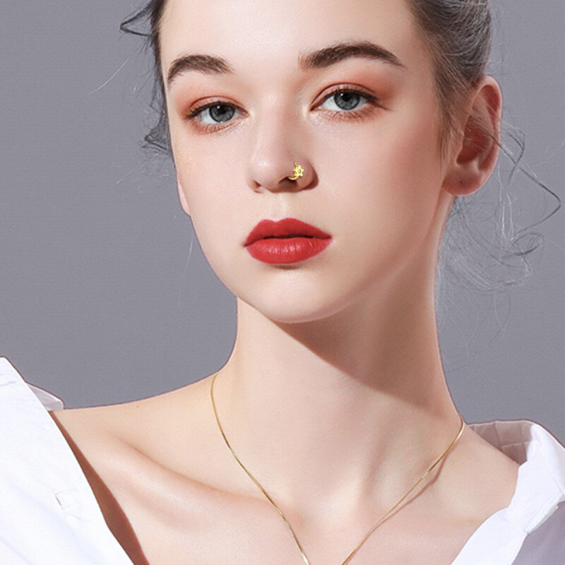 Anillo nasal de oro blanco de 18 quilates con circonita cúbica en forma de flor de melocotón-5