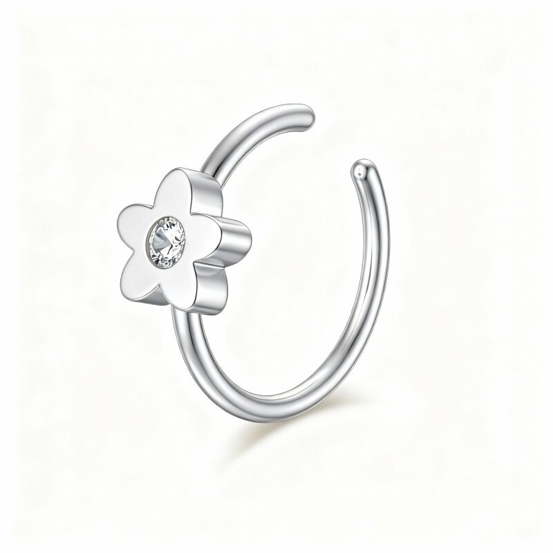 Anillo nasal de oro blanco de 18 quilates con circonita cúbica en forma de flor de melocotón-1