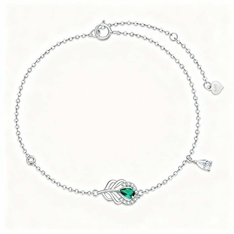 18K White Gold Cubic Zirconia Peacock & Feather Charm Bracelet-1