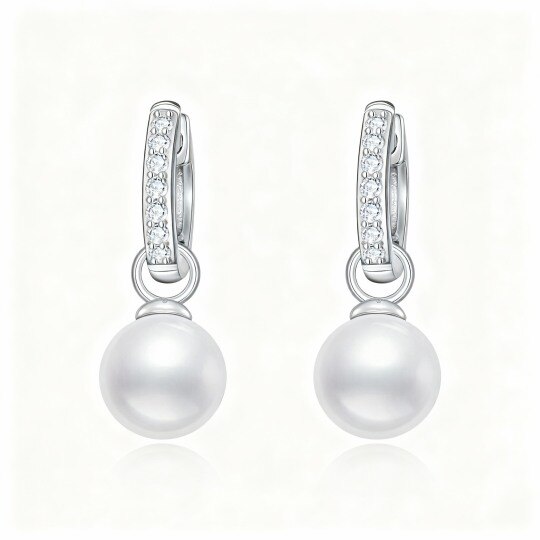 Boucles d'oreilles pendantes en or blanc 10 carats, zircon cubique et perles