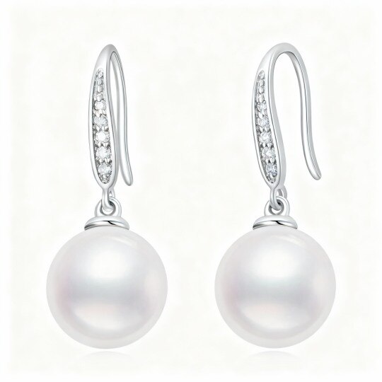 Boucles d'oreilles pendantes en or blanc 10 carats, zircon cubique et perles