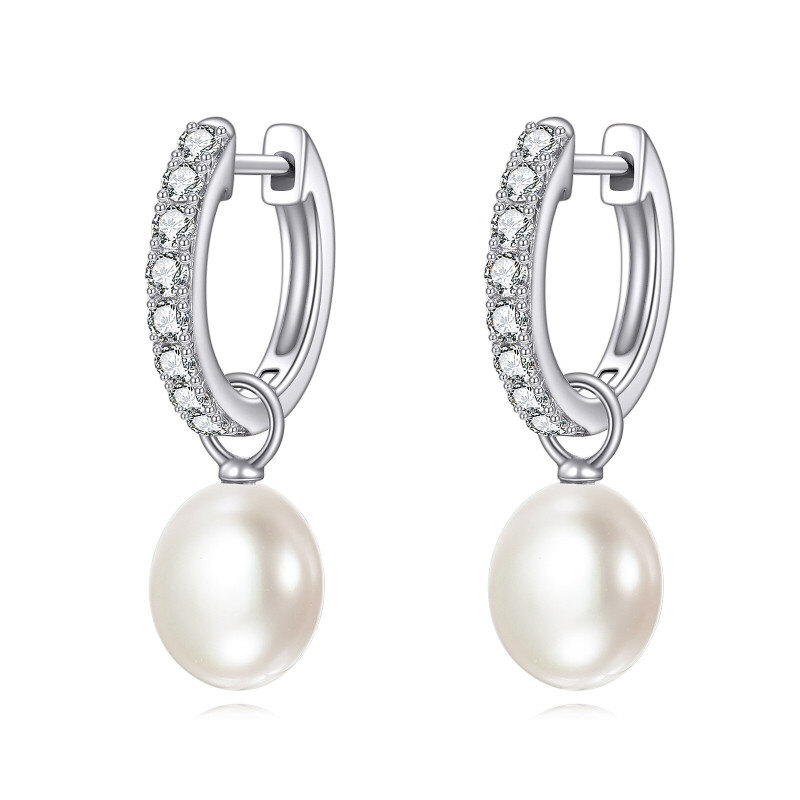 Platinum with White Gold Plated Cubic Zirconia & Pearl Bead Drop Earrings-1