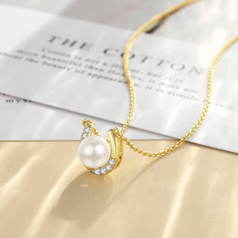 Collar con colgante de herradura de oro de 14 quilates con perla y circonita cúbica para mujer-3