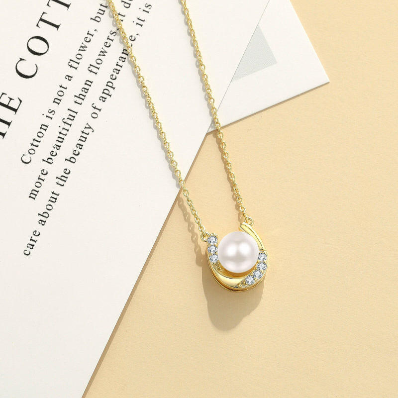 Collar con colgante de herradura de oro de 14 quilates con perla y circonita cúbica para mujer-4
