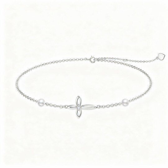 Pulsera con dije de cruz de oro blanco de 10 quilates, circonita cúbica y perla
