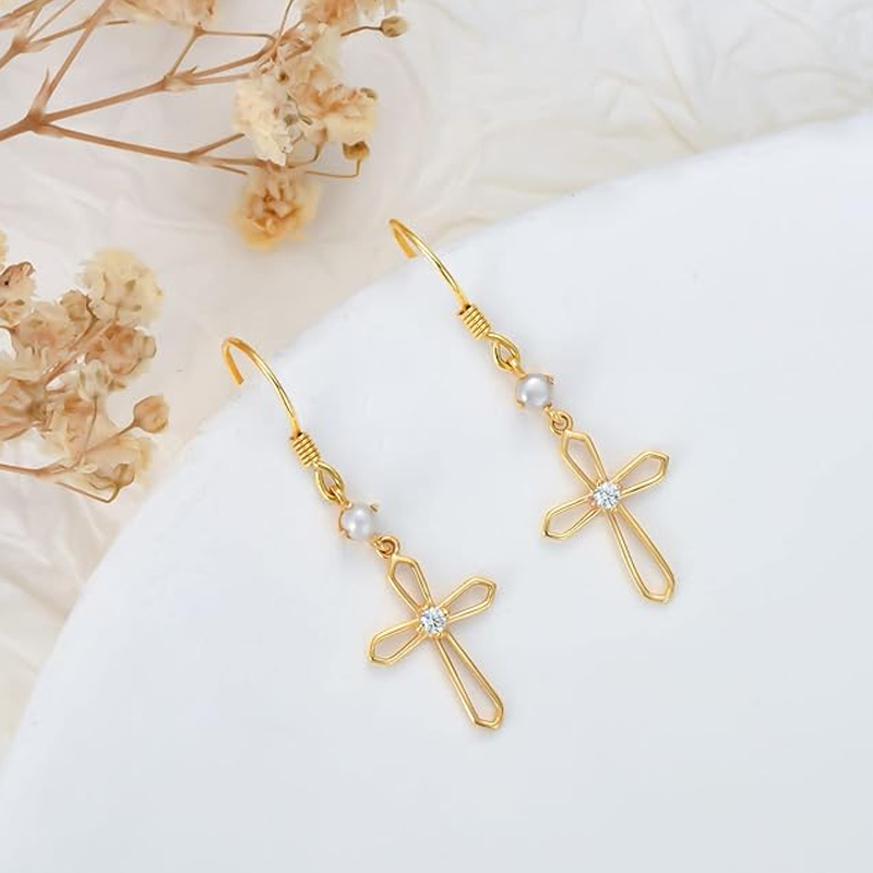 Ohrhänger mit Kreuzanhänger aus 18-karätigem Gold und Zirkonia-Perlen für Damen-3