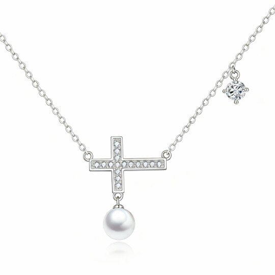 10K White Gold Cubic Zirconia & Pearl Cross Pendant Necklace