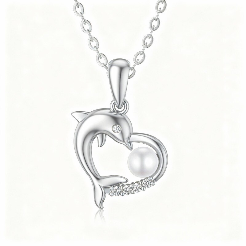 9K White Gold Cubic Zirconia & Pearl Dolphin & Heart Pendant Necklace-1