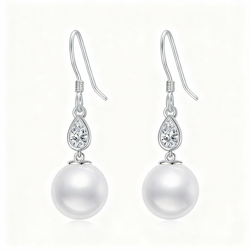 Pendientes colgantes de platino con circonitas cúbicas y perlas chapadas en oro blanco-1