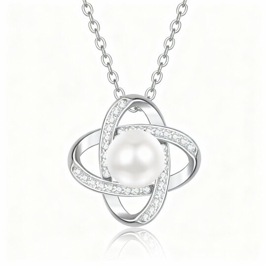 Collar con colgante de trébol de cuatro hojas y cuentas en oro blanco de 10 quilates con circonitas cúbicas y perlas