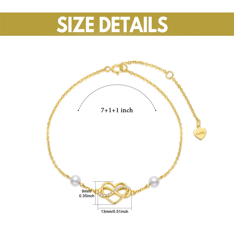 Pulseira de senhora em ouro 14K com pérola, pendente de coração e símbolo do infinito em zircónia cúbica.-6