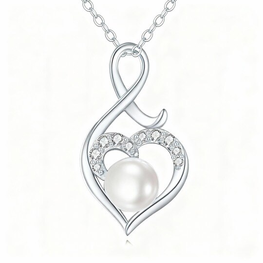 Collier pendentif en or blanc 10 carats avec zircon cubique, perle, cœur et symbole de l'infini