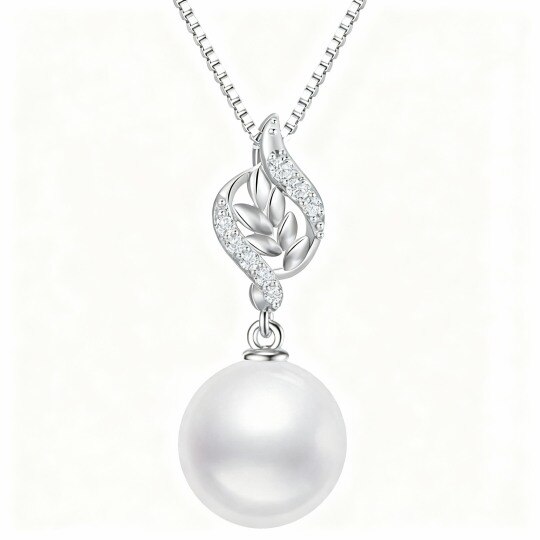 Collar con colgante de hojas de oro blanco de 10 quilates con circonitas cúbicas y perlas