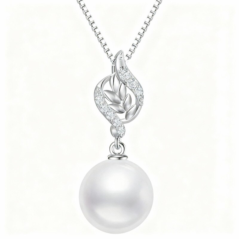 10K White Gold Cubic Zirconia & Pearl Leaves Pendant Necklace-1