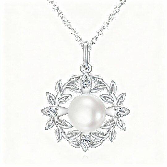 Collar con colgante de hojas de oro blanco de 10 quilates con circonitas cúbicas y perlas