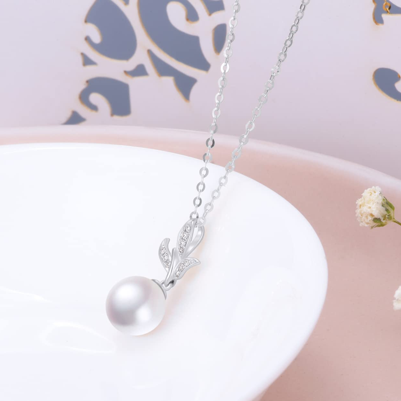 Collar de oro blanco de 18 quilates con perlas redondas y hojas para mujer-2