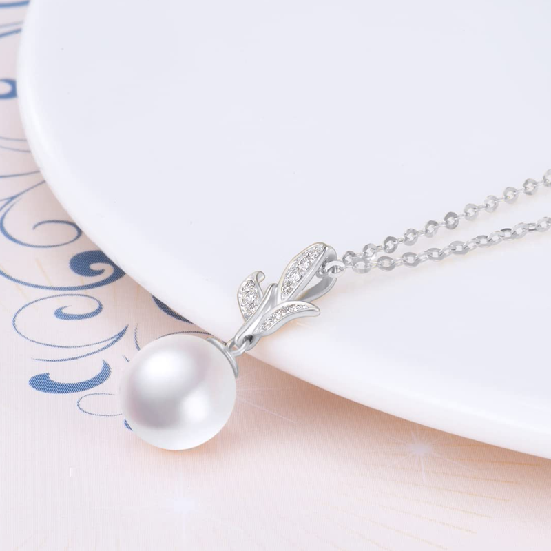 Collar de oro blanco de 18 quilates con perlas redondas y hojas para mujer-3