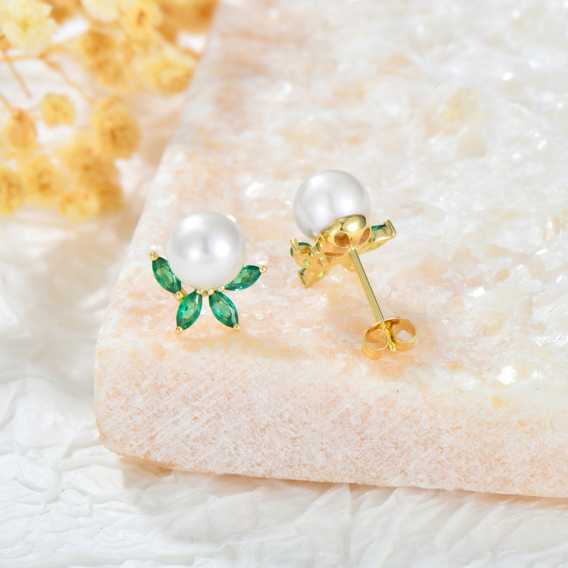 14K Rose Gold Cubic Zirconia & Pearl Leaves Stud Earrings-4