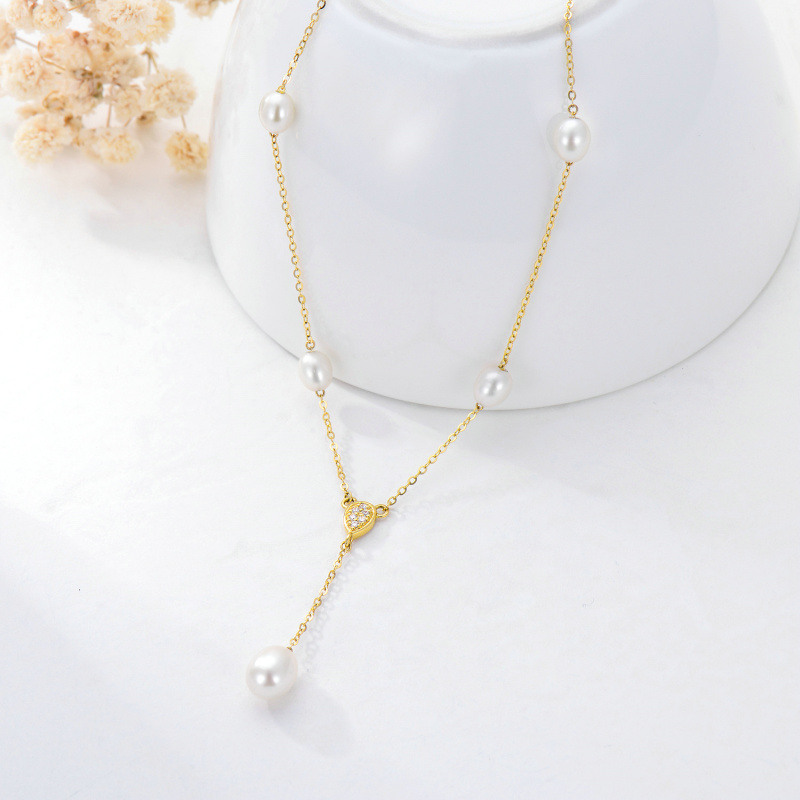 10K White Gold Cubic Zirconia & Pearl Non-adjustable Y-Necklace-3