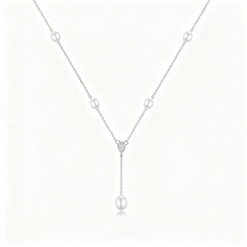 10K White Gold Cubic Zirconia & Pearl Non-adjustable Y-Necklace-1