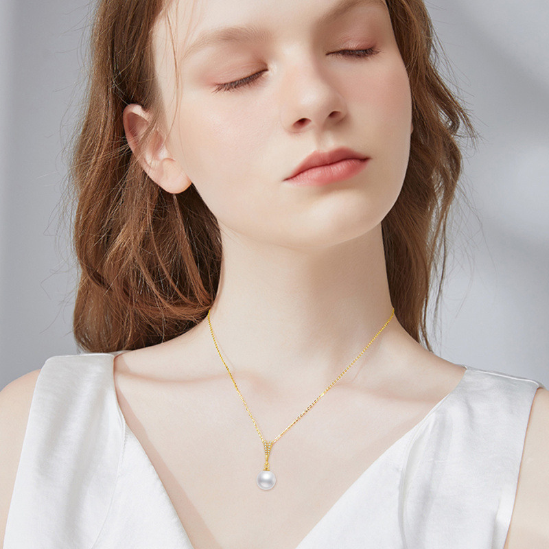 Collar con colgante esférico de oro de 18 quilates, circonita cúbica y perla-2