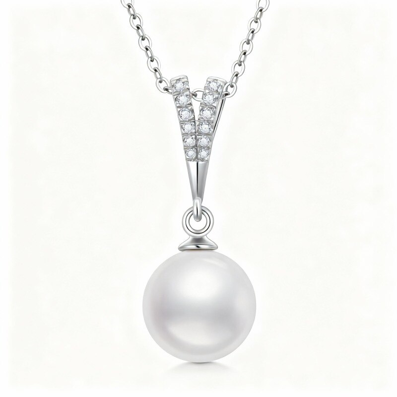 Collar con colgante esférico de platino con circonitas cúbicas y perlas chapado en oro blanco-1