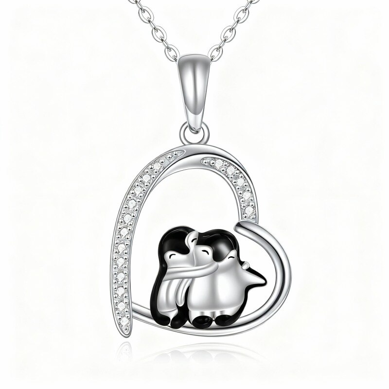 Platinum with White Gold Plated Cubic Zirconia Penguin & Heart Pendant Necklace-1
