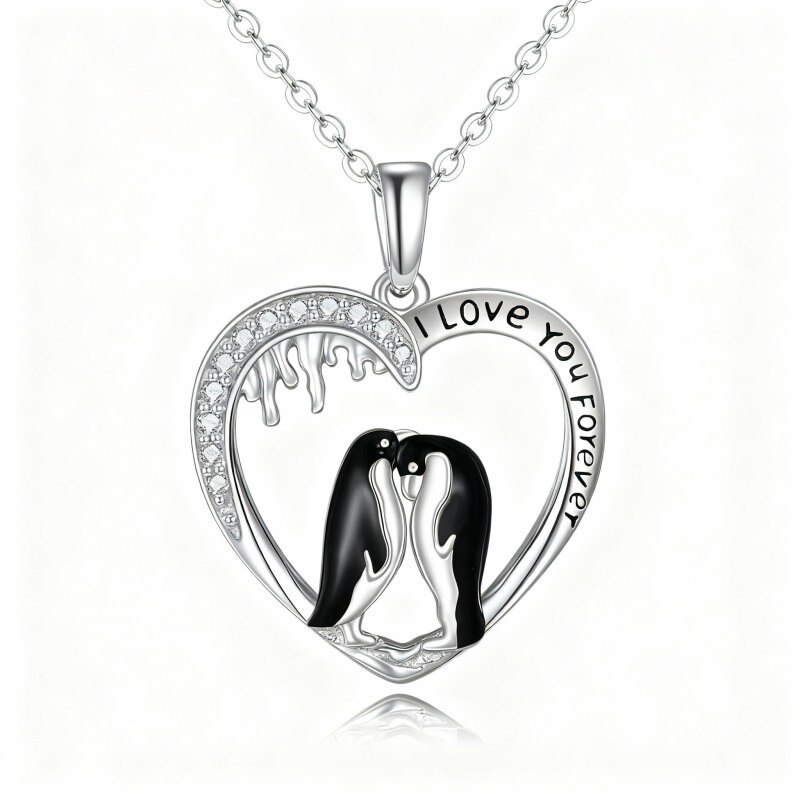 10K White Gold Cubic Zirconia Penguin & Heart Pendant Necklace-15