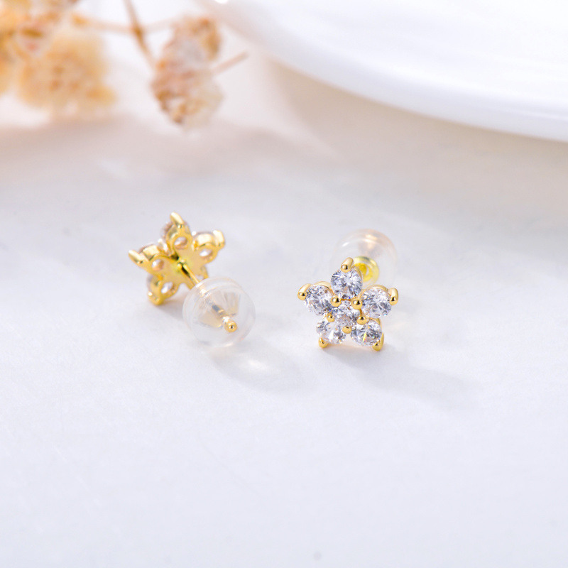 10K Rose Gold Cubic Zirconia Peony Flower Stud Earrings-4