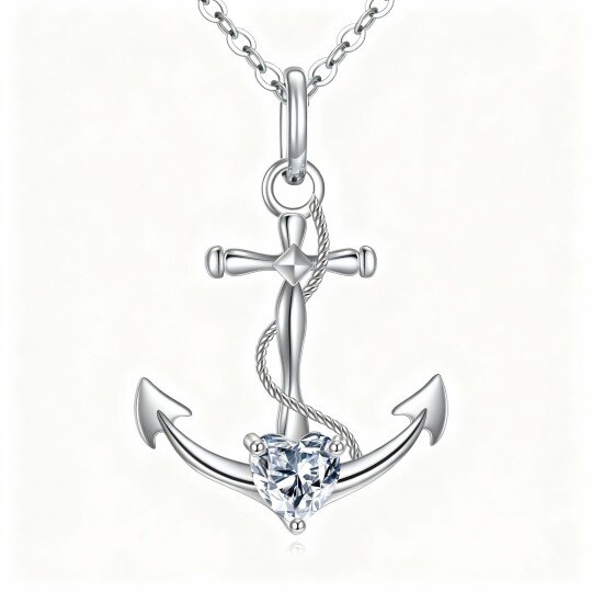 Personalisierte Halskette aus 10-karätigem Weißgold mit Zirkonia, Geburtsstein, Anker und Kreuzanhänger