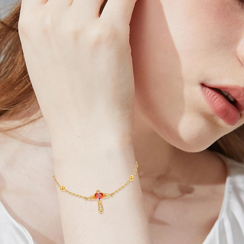 Personalisiertes Armband aus 18-karätigem Gold mit Geburtsstein, Engelsflügeln, Kreuz und Herz für Damen-2
