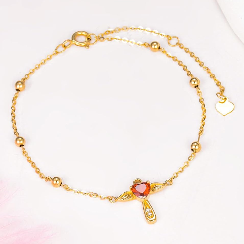 Personalisiertes Armband aus 18-karätigem Gold mit Geburtsstein, Engelsflügeln, Kreuz und Herz für Damen-3