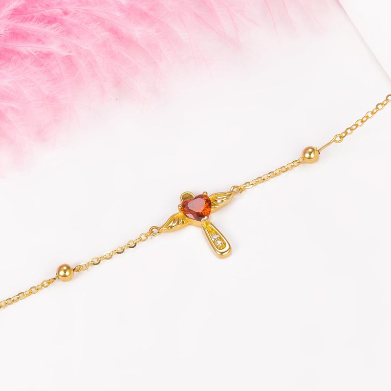 Personalisiertes Armband aus 18-karätigem Gold mit Geburtsstein, Engelsflügeln, Kreuz und Herz für Damen-4