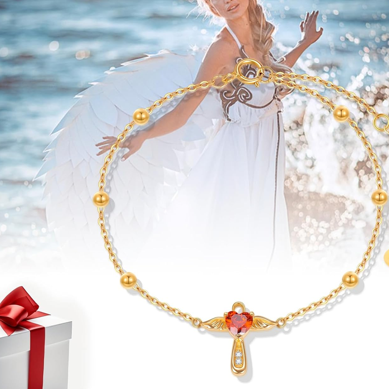 Personalisiertes Armband aus 18-karätigem Gold mit Geburtsstein, Engelsflügeln, Kreuz und Herz für Damen-5
