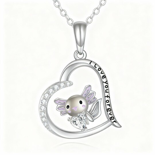 Collier pendentif en or blanc 10 carats avec zircon cubique, pierre de naissance personnalisée, axolotl et cœur, et message gravé.
