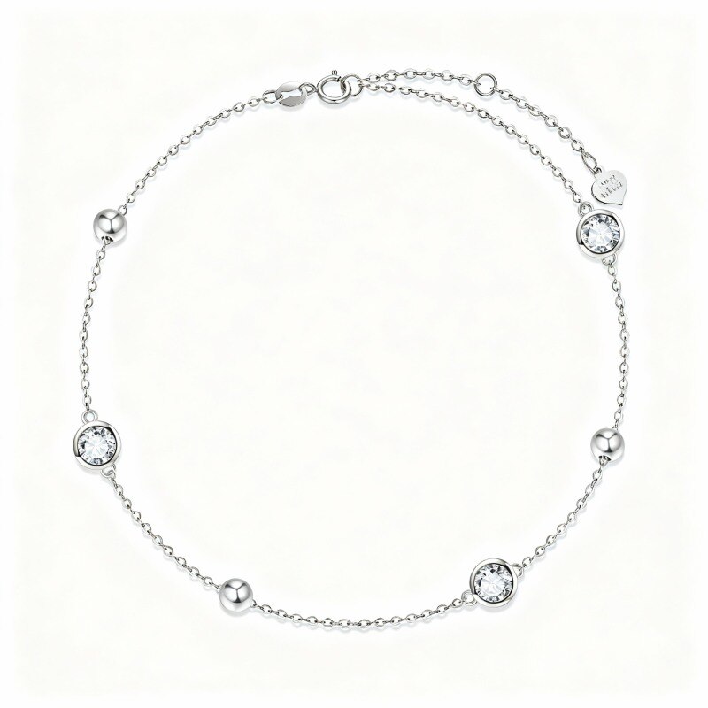 10K White Gold Cubic Zirconia Personalized Birthstone & Bead Charm Bracelet-1